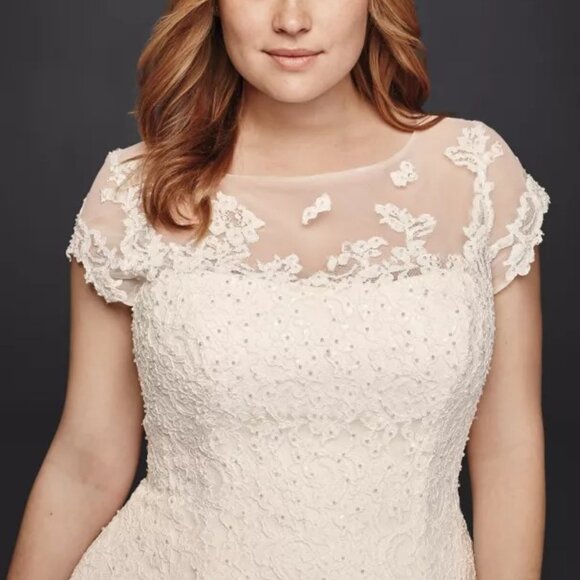 Oleg Cassini for David's Bridal Cap Sleeve Tea-Length Wedding Dress - Picture 3 of 14